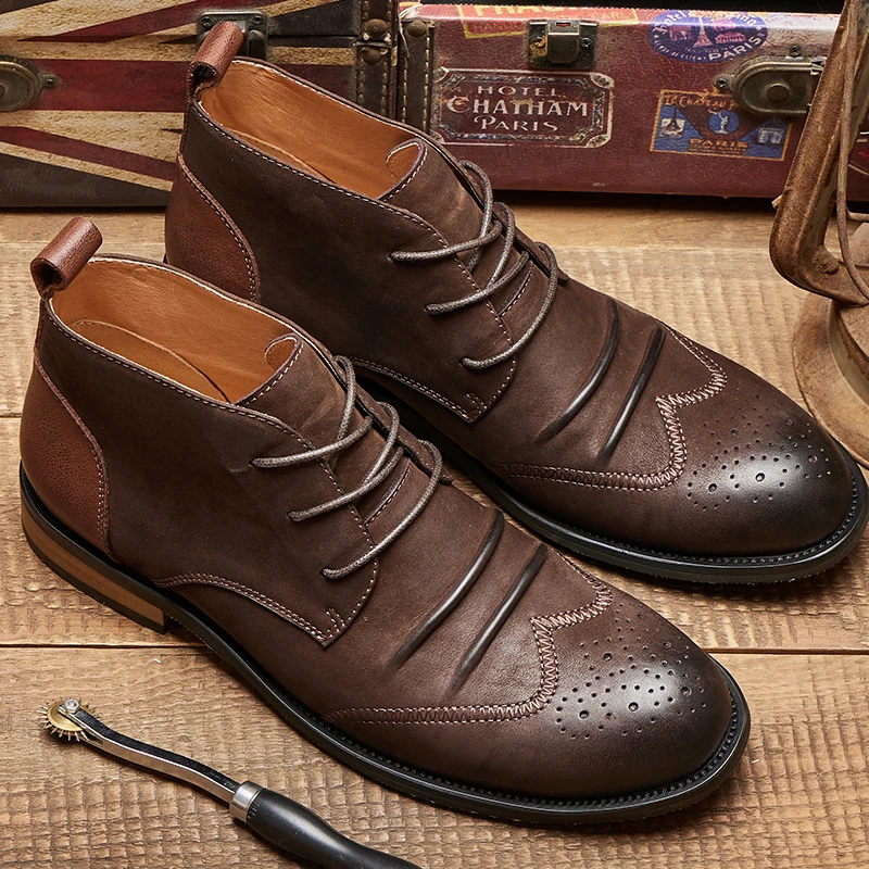 英伦风复古马丁靴布洛克高帮男士潮流休闲皮鞋中帮百搭靴子短靴