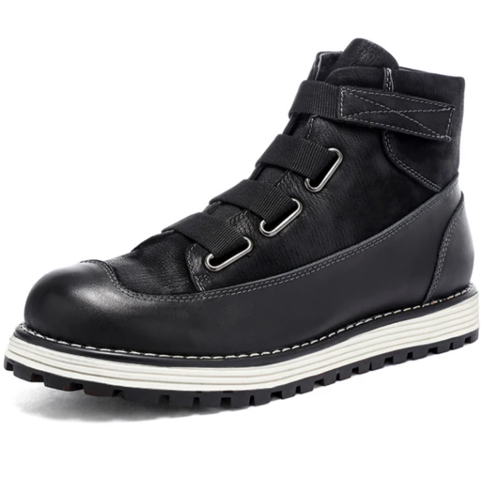 新款秋冬百搭透气真皮中高帮工装男靴英伦风潮流百搭马丁靴厚底