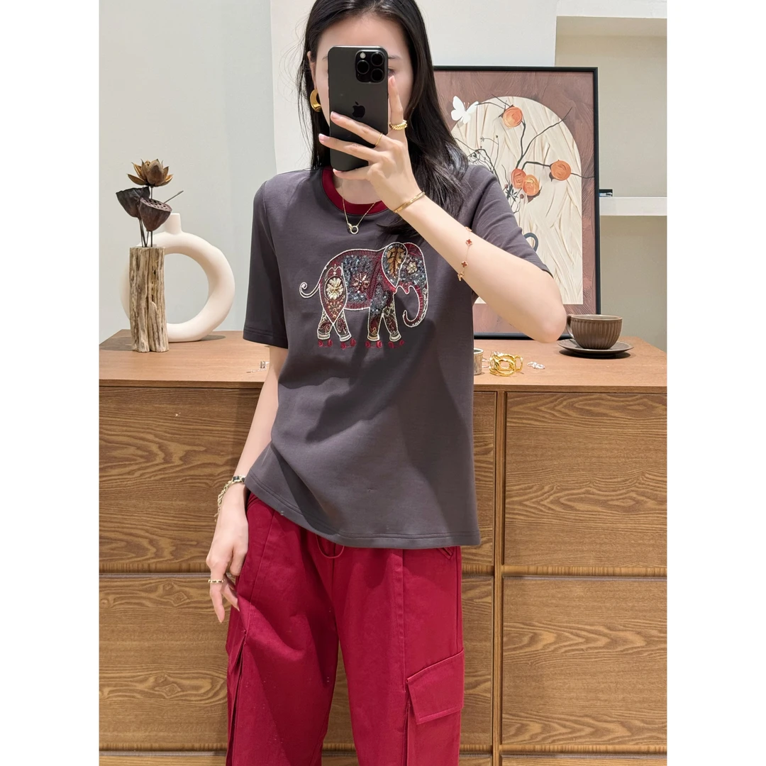 【小黑家】长61高端TS超柔软舒适重工钉珠撞色大象百搭T恤