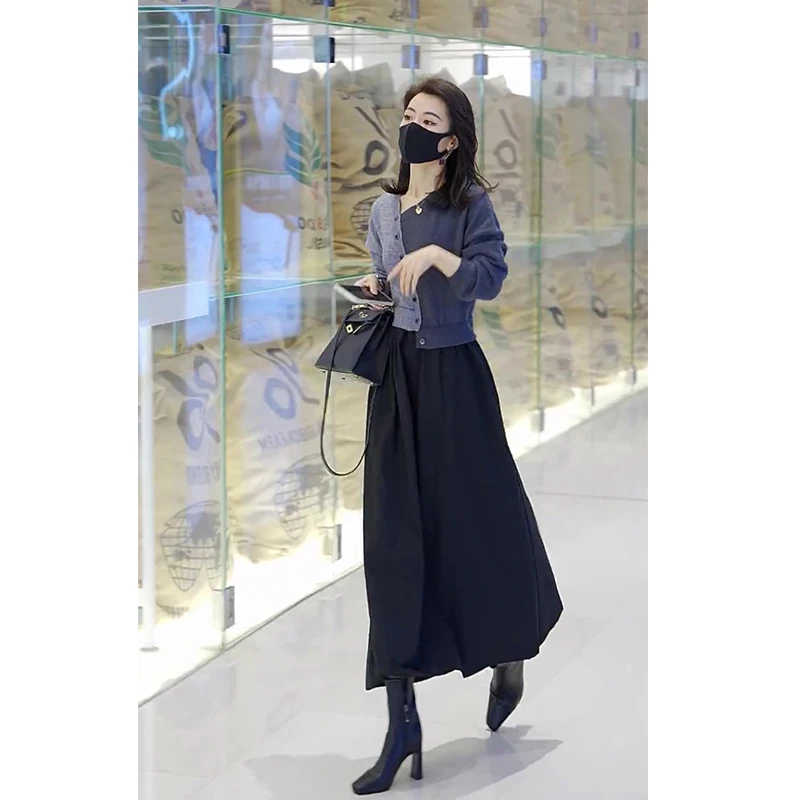 QDA5092复古撞色长袖连衣裙女秋2024新款气质假两件针织拼接裙子