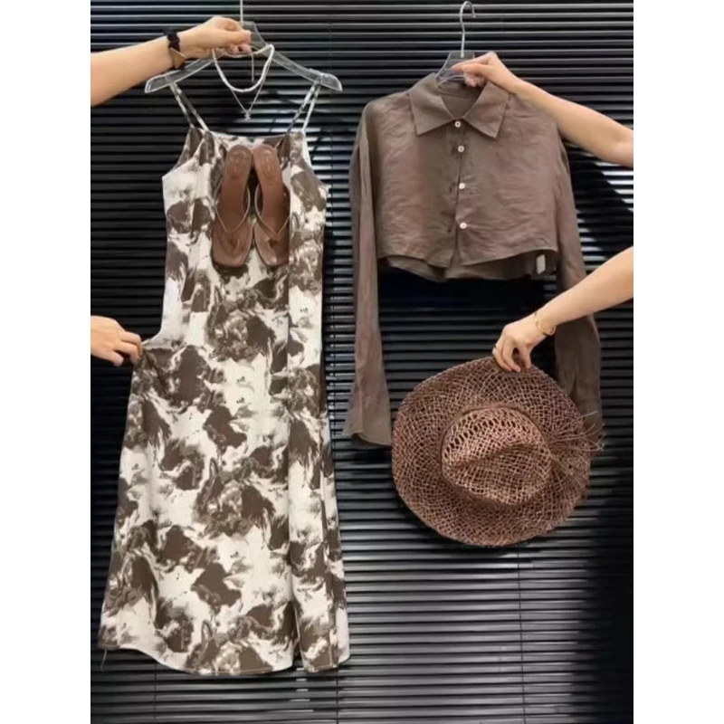 QDA15228秋款穿搭盐系高级感气质名媛高端衬衫+吊带裙两件套装女