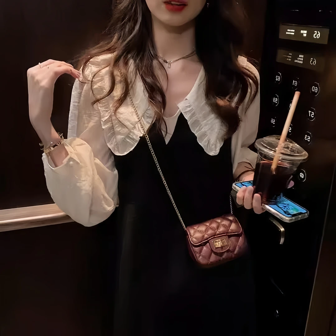YBN6308早秋轻奢高定感女装别致艺术生风格假两件娃娃领连衣裙子