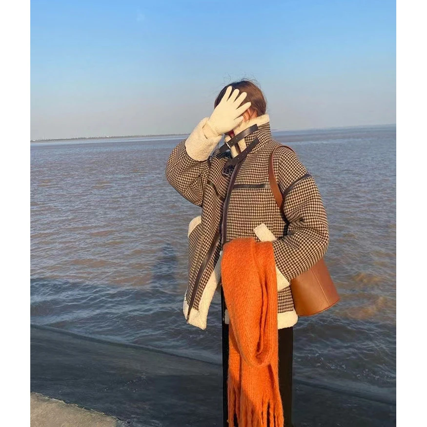 JYC55550赫本风气质复古炸街ins时尚千鸟格加厚毛毛机车立领外套