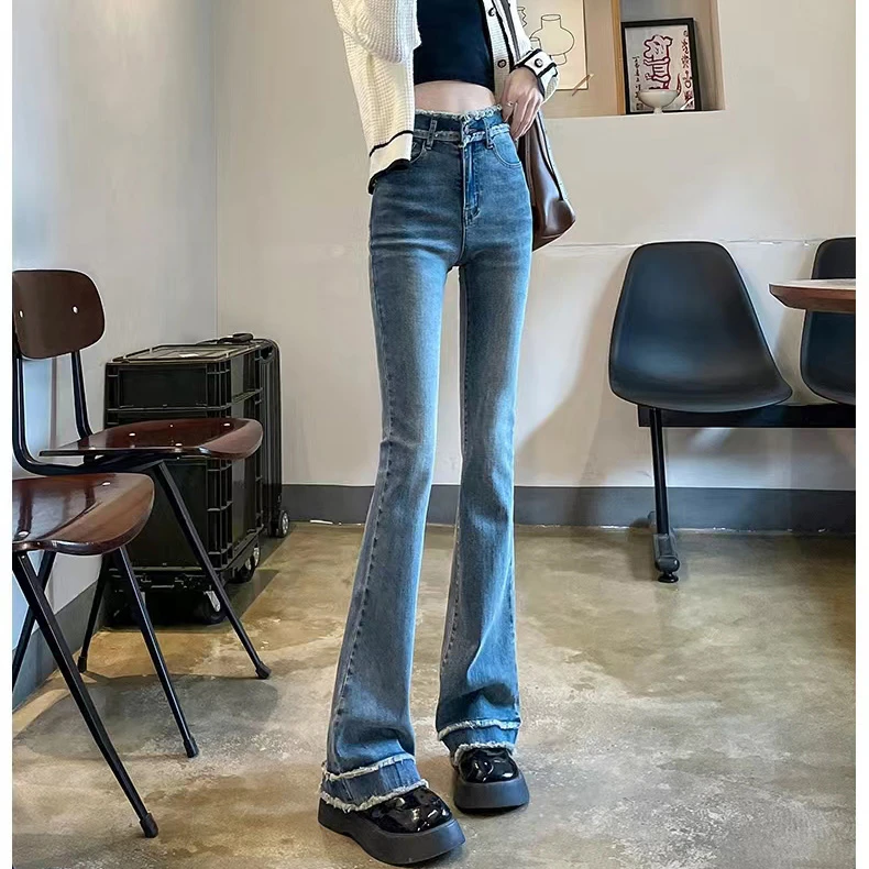 PDA139美式复古设计感小众修身显瘦高腰微弹毛边微辣牛仔裤