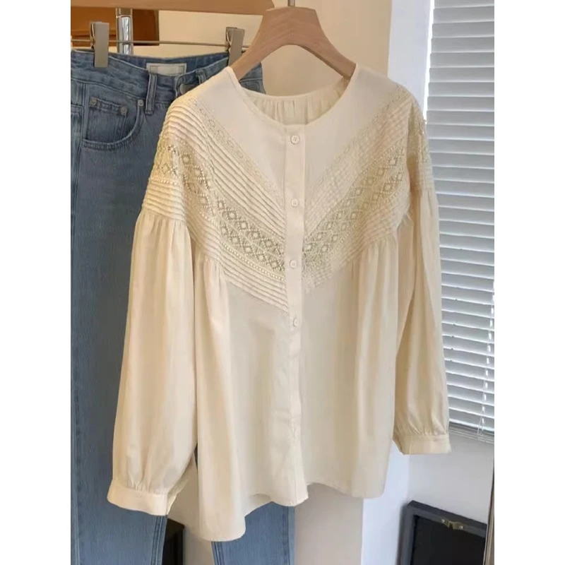 QDA06007设计感小衫2024春秋韩系温柔风蕾丝显瘦气质通勤百搭上衣