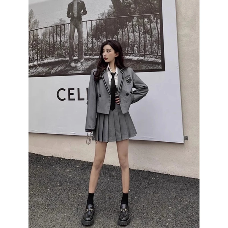 YBN6946小个子学院风时尚减龄套装女小香风西装外套+百褶裙两件套