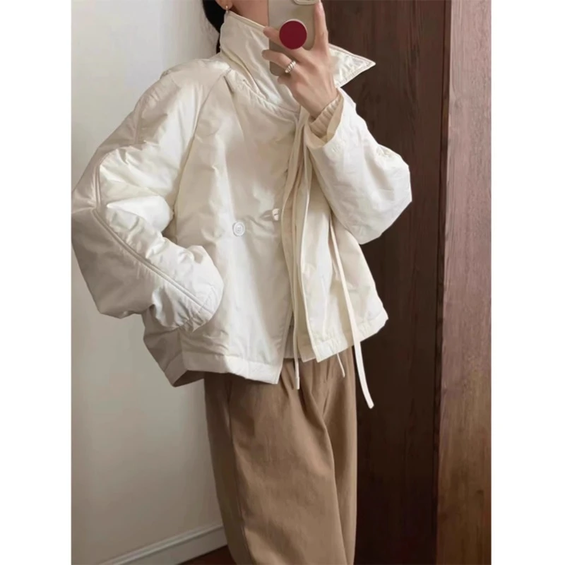 QDA002248白色欧货短款棉衣外套女2024秋冬韩版立领宽松夹棉上衣
