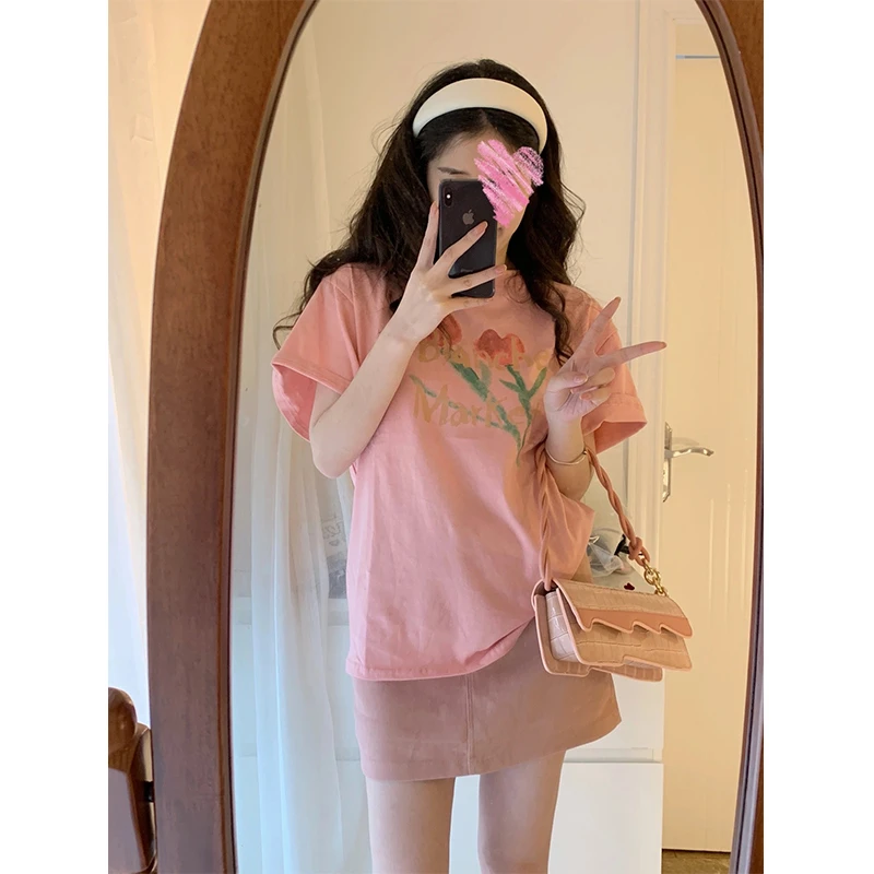 JYA57232夏季休闲减龄印花宽松百搭短袖T恤上衣女+半身裙两件套裙