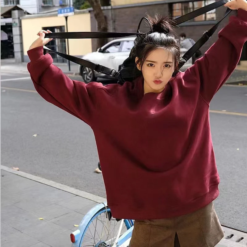 AZY6319慵懒风洋气休闲时尚减龄百搭宽松圆领纯色加绒卫衣秋冬