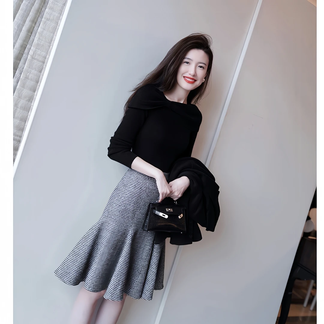 QDA3480秋季法式复古蝴蝶结黑色加厚毛针织衫+半身裙两件套装裙女