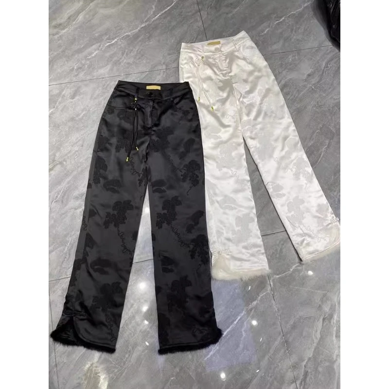 QDA03733休闲百搭国风提花夹棉阔腿裤子女2024新款秋冬外穿小个子