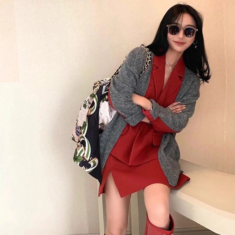 QDA2844秋季新款女装职业套装女轻奢高级感针织西装+半身裙两件套