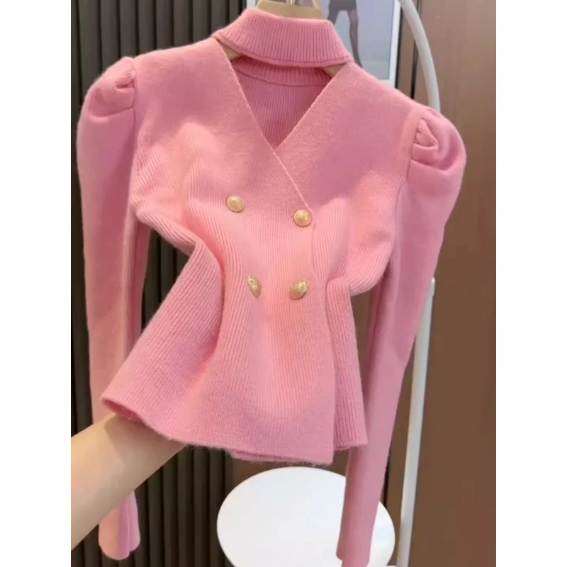 QDA5620粉色V领挂脖毛衣女秋冬2024新款高级感泡泡袖上衣针织衫