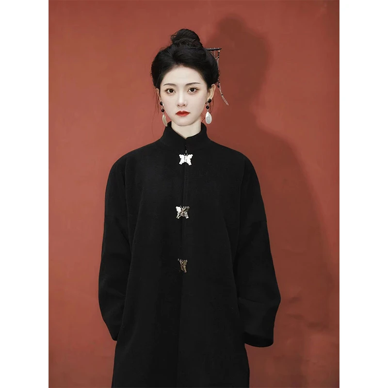 QDA00062小香风高级感黑色国风毛呢外套女2024秋冬季新款呢子大衣