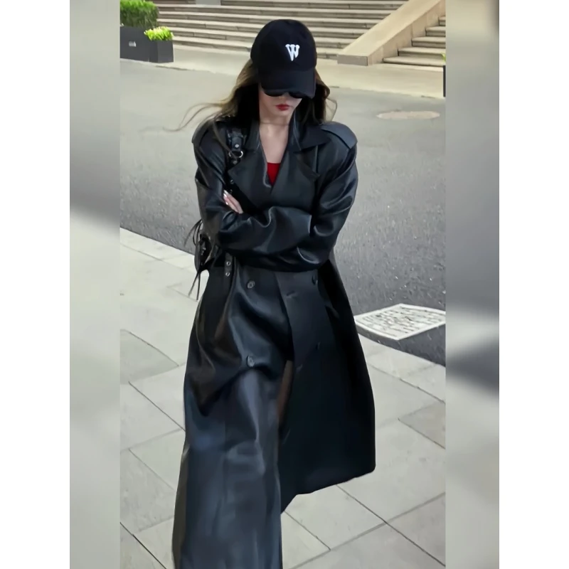 QDA5291复古气质高级感皮衣外套女春秋新款中长款风衣休闲大衣