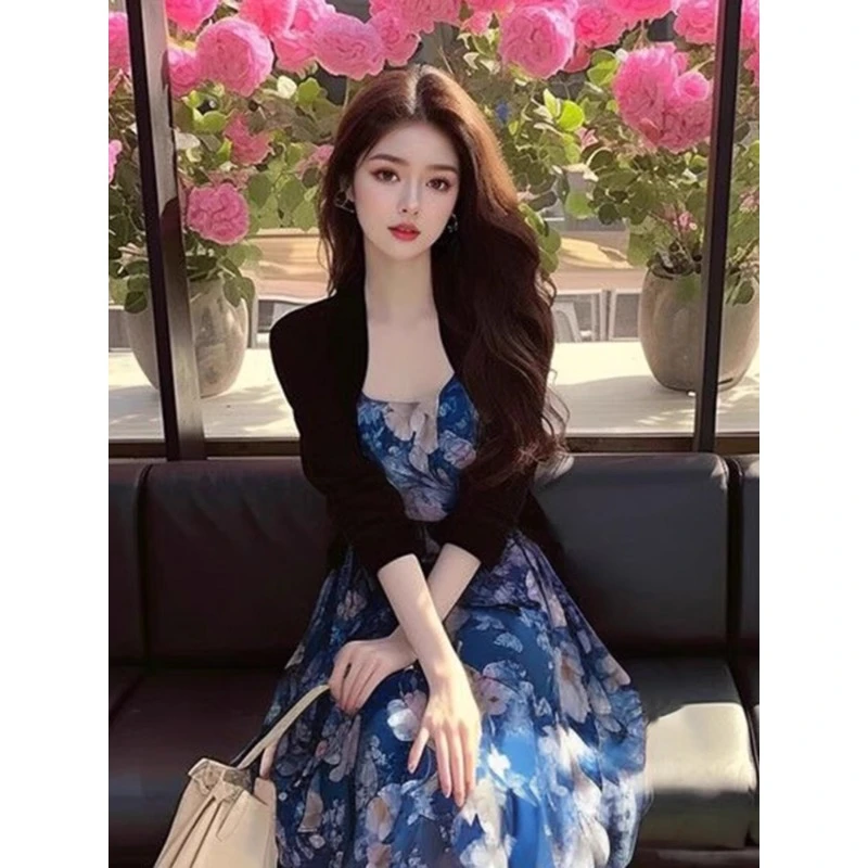 QDB43846温柔系小个子显高高级感黑色开衫+吊带裙两件套装女夏季