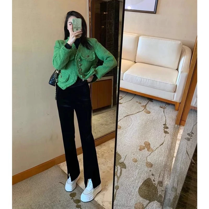 YBN7606秋冬季2024新款高级感名媛小香风短款绿色粗花呢外套女