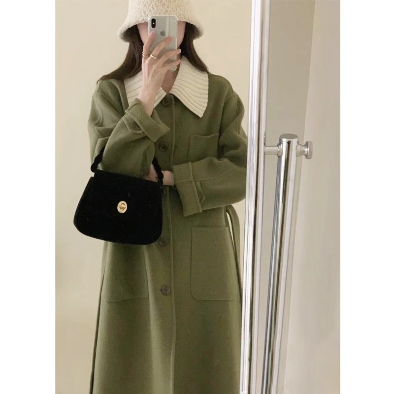 QDA5308韩版针织领呢子大衣女2024冬新款加厚显瘦中长款毛呢外套