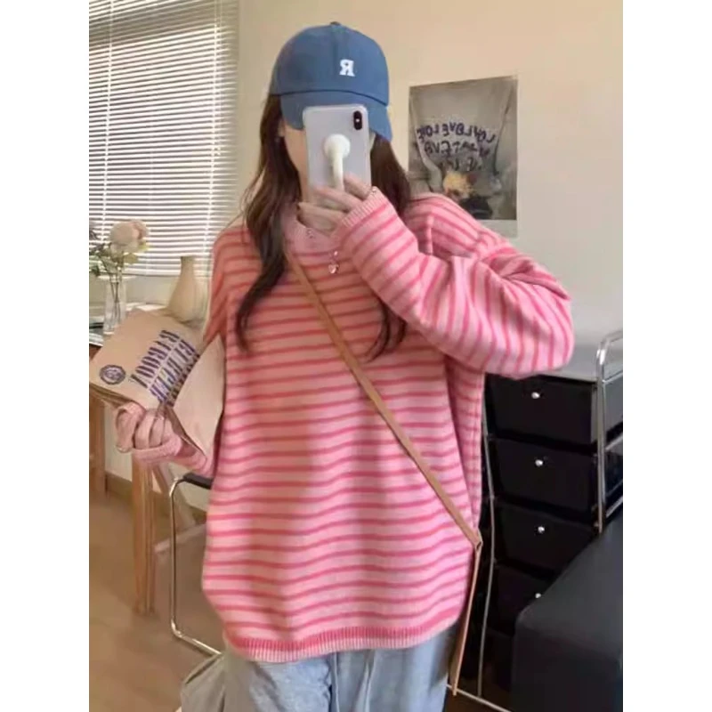 QDA3812秋冬2024新款圆领上衣条纹撞色小香风套头休闲针织衫毛衣