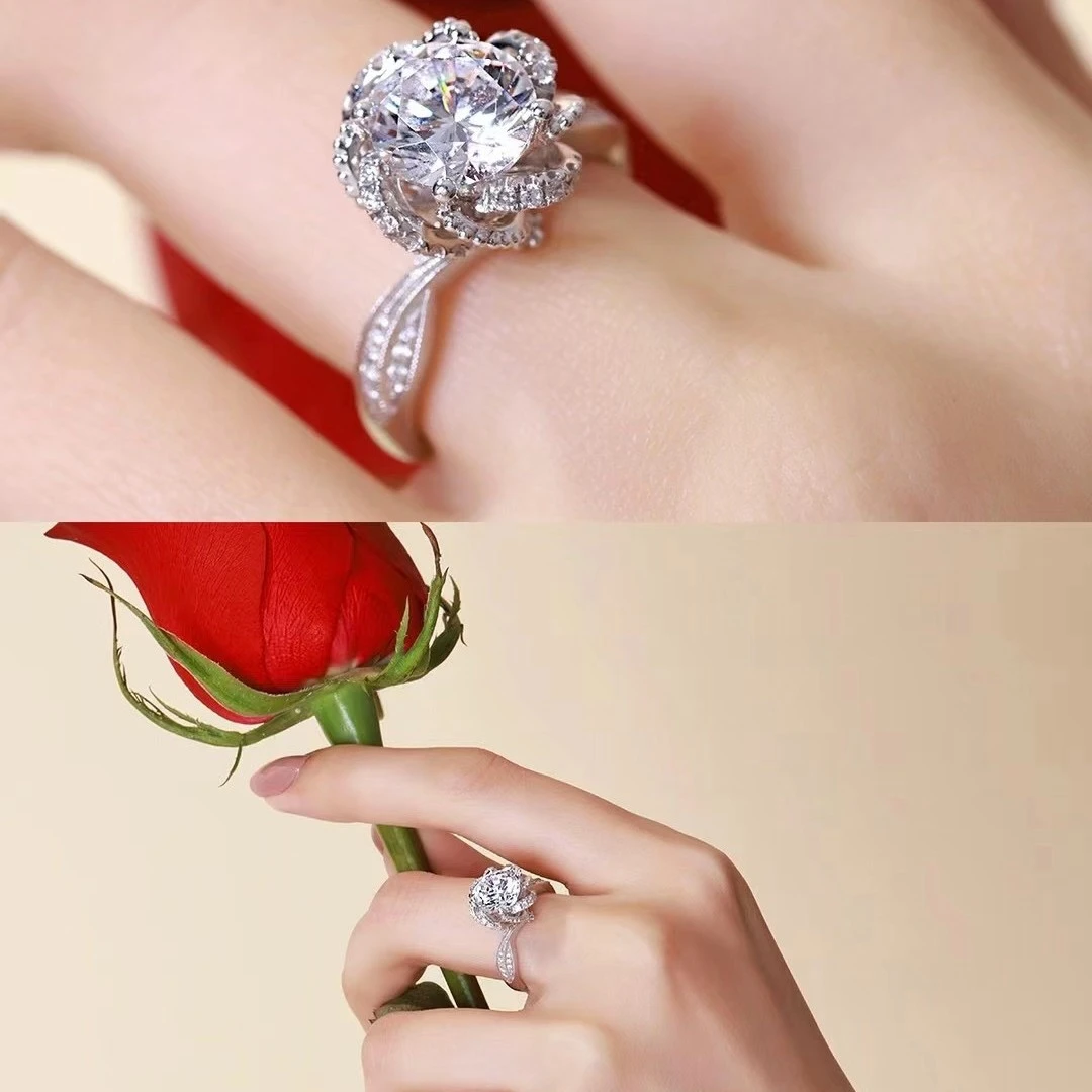 【玫瑰喷泉】1克拉-3克拉/莫桑石925银花朵女戒七夕礼物情侣送人