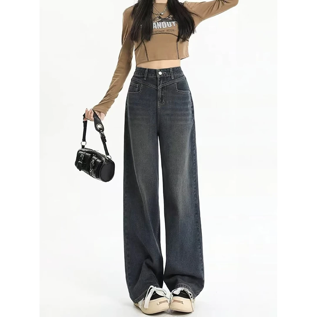 水泥灰高腰阔腿牛仔裤女2025秋冬新款宽松拖地长裤-8718