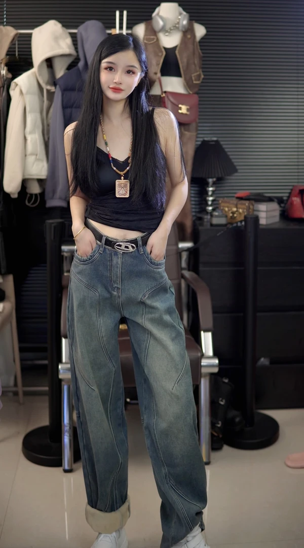 高腰复古牛仔裤女2025冬季加绒保暖宽松阔腿直筒裤子-3046