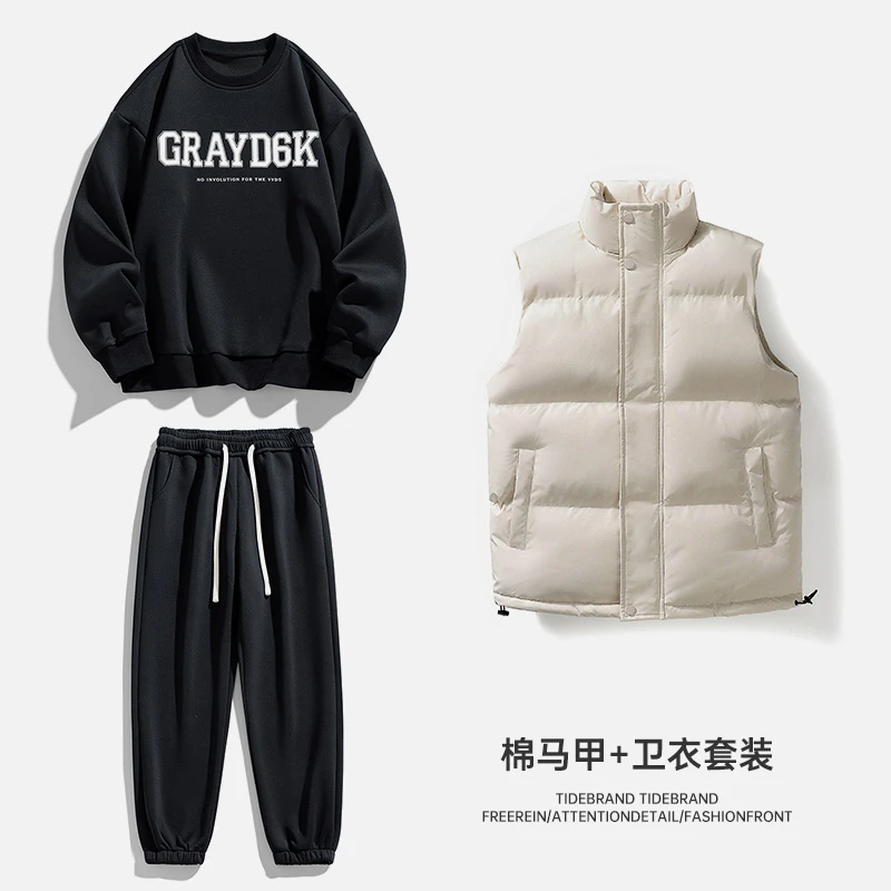K2P-9803重磅400克加厚情侣卫衣马甲三件套潮流宽松休闲运动套装
