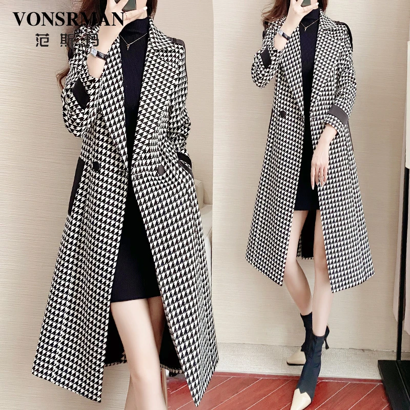 黑白千鸟格风衣外套女2025年新款秋季高级感名媛收腰过膝长款大衣