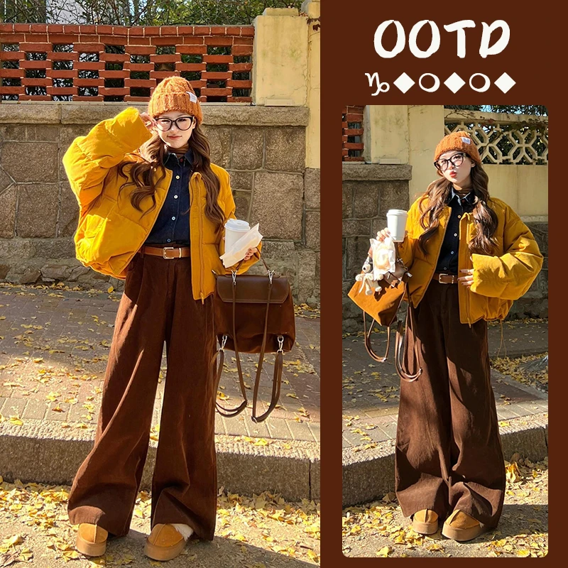 2024冬季美拉德穿搭一整套女新款韩版宽松保暖棉服阔腿裤两件套潮