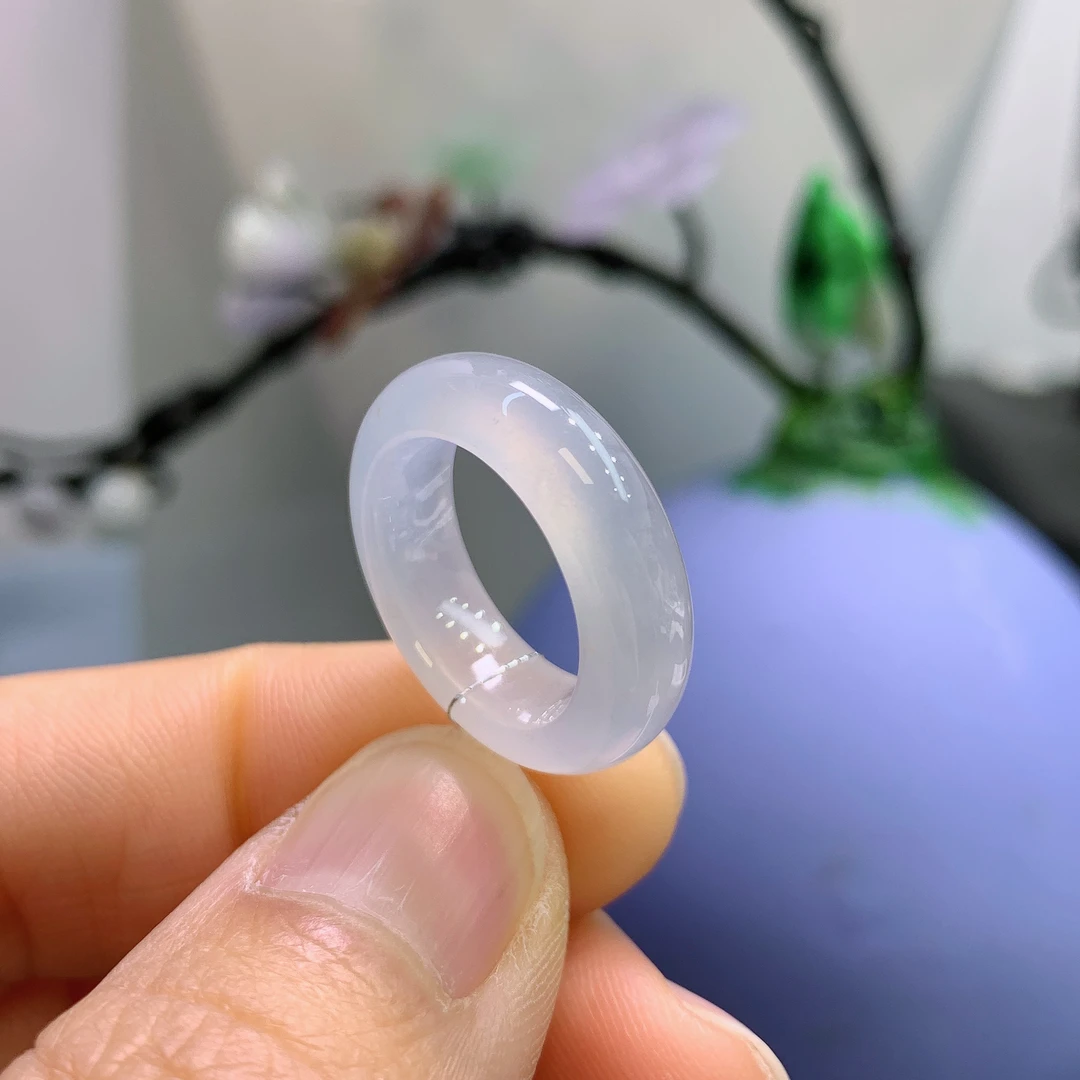 7圈口缅甸天然翡翠A货白冰带洒金戒指A698#