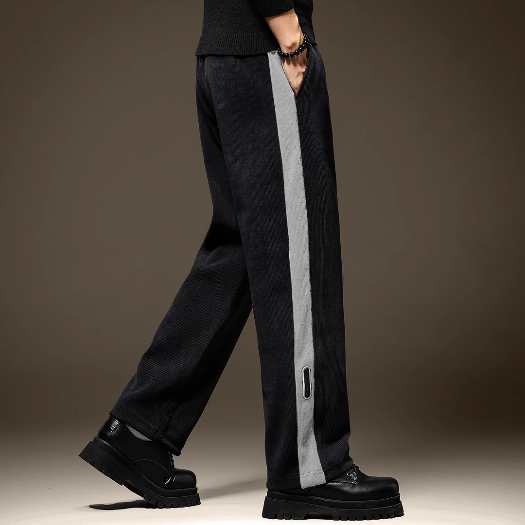 高端灯芯绒撞色拼接裤子男秋冬加绒雪尼尔卫裤宽松垂感直筒休闲裤