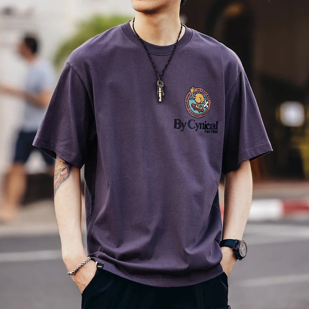 男款高端32支双纱平纹重磅短袖t恤男夏季潮牌宽松紫色纯棉体恤