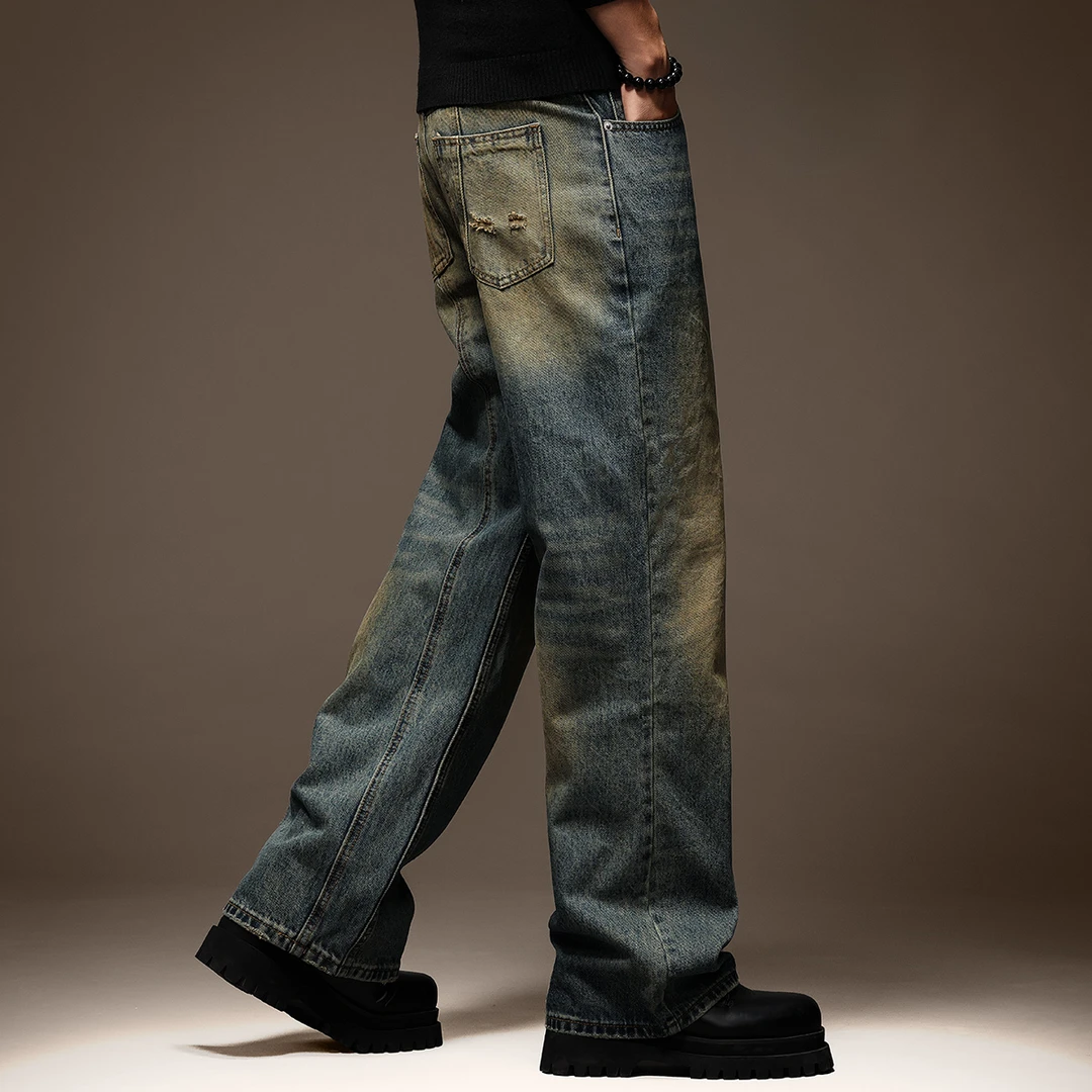 高端欧美复古水洗重磅牛仔裤子男秋季直筒阔腿潮流宽松休闲长裤