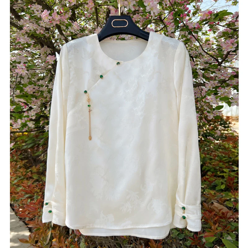 新款中式复古宽松圆领衬衫女秋季中国风衬衣百搭上衣长袖网红打底