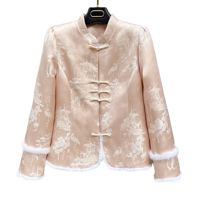 高级感新中式棉衣棉服女2025冬季新款重工提花国潮风盘扣夹棉外套