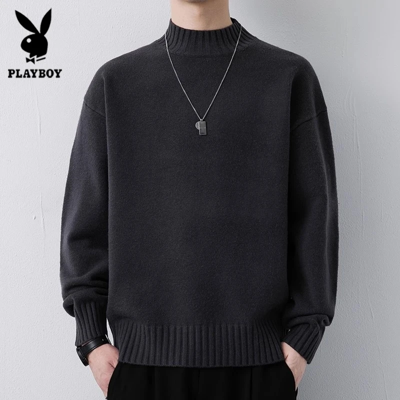 花花公子半高领男士毛衣加厚秋冬季新款慵懒风内搭线衣针织打底衫