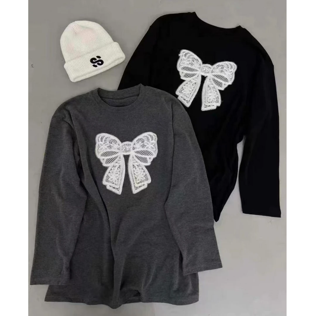 NICE圈圈、立体蕾丝蝴蝶结德绒超好看T恤抓绒上衣A24251