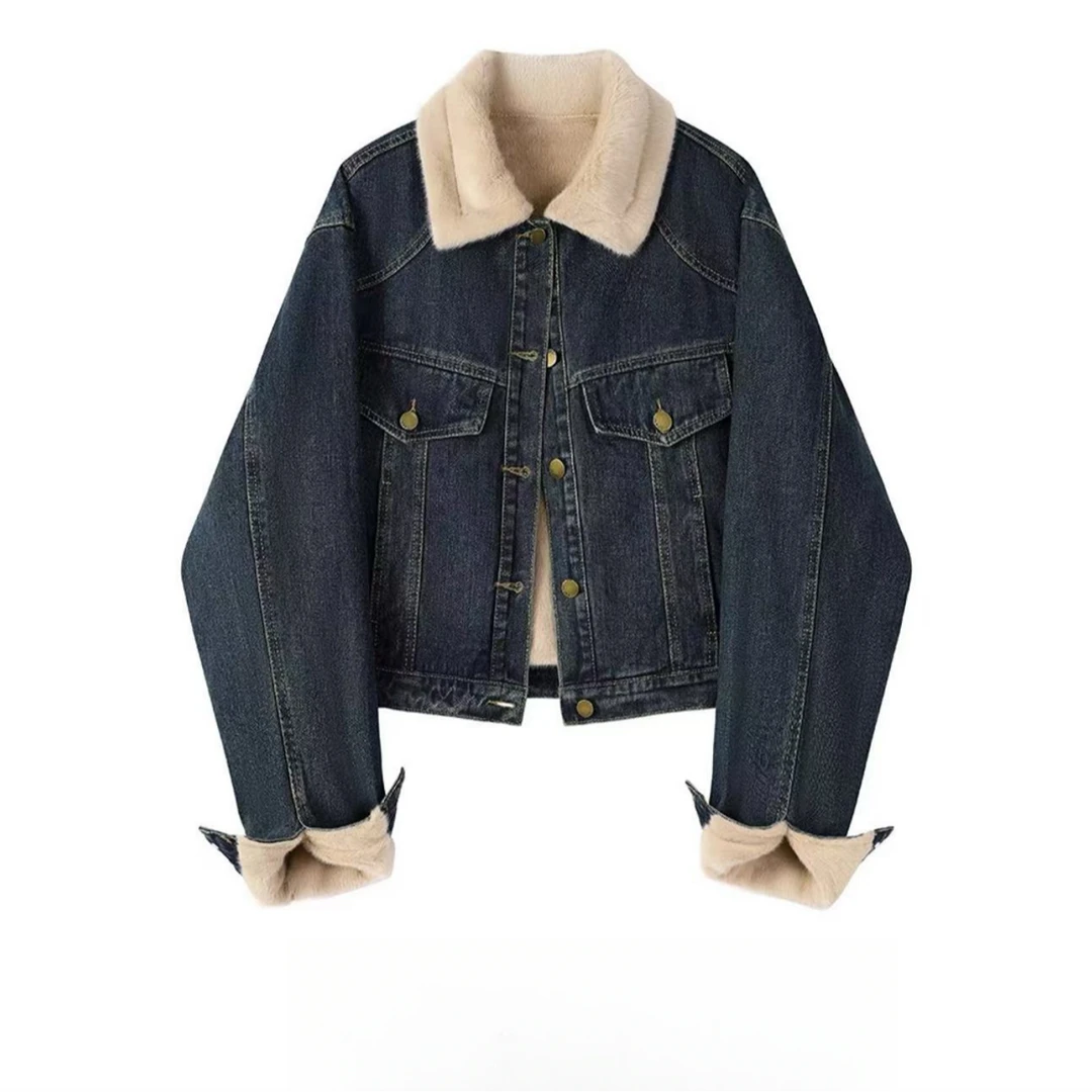 NICE圈圈、毛毛拼接牛仔短款外套水洗牛仔加厚外套A623