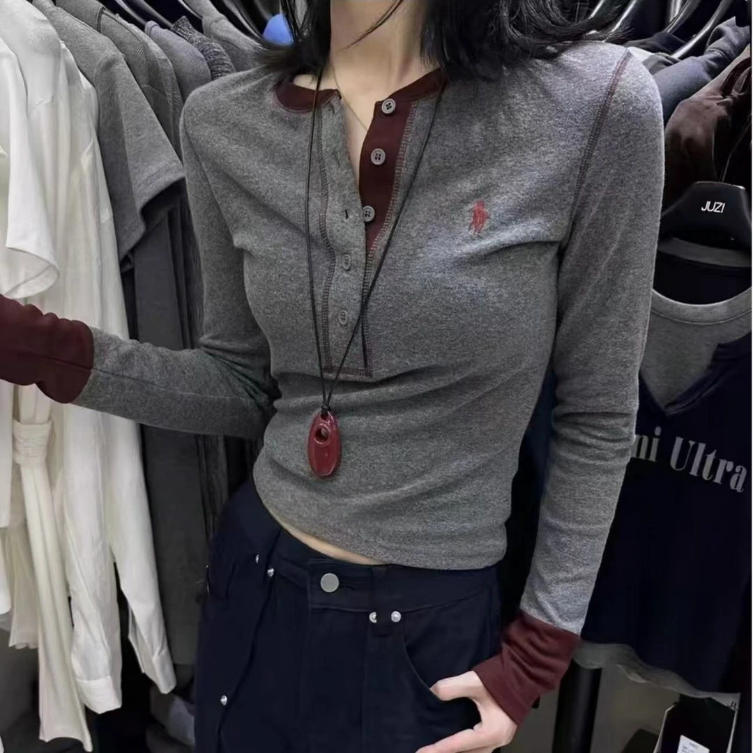 NICE圈圈、半开领小马刺绣拼色假两件长袖抓绒T恤A1262