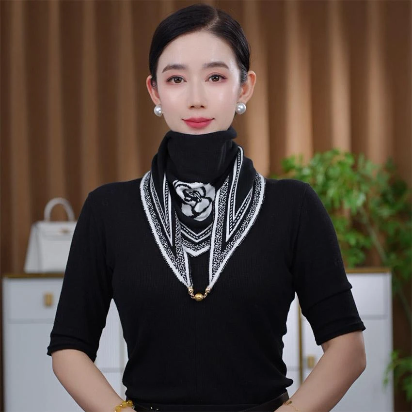 秋冬季新款保暖时尚气质韩版百搭针织山茶花拼色磁扣百变三角围巾
