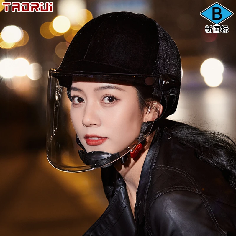 新国标四季电瓶电动车头盔女丝绒马术安全防晒帽夏秋冬季时尚半盔