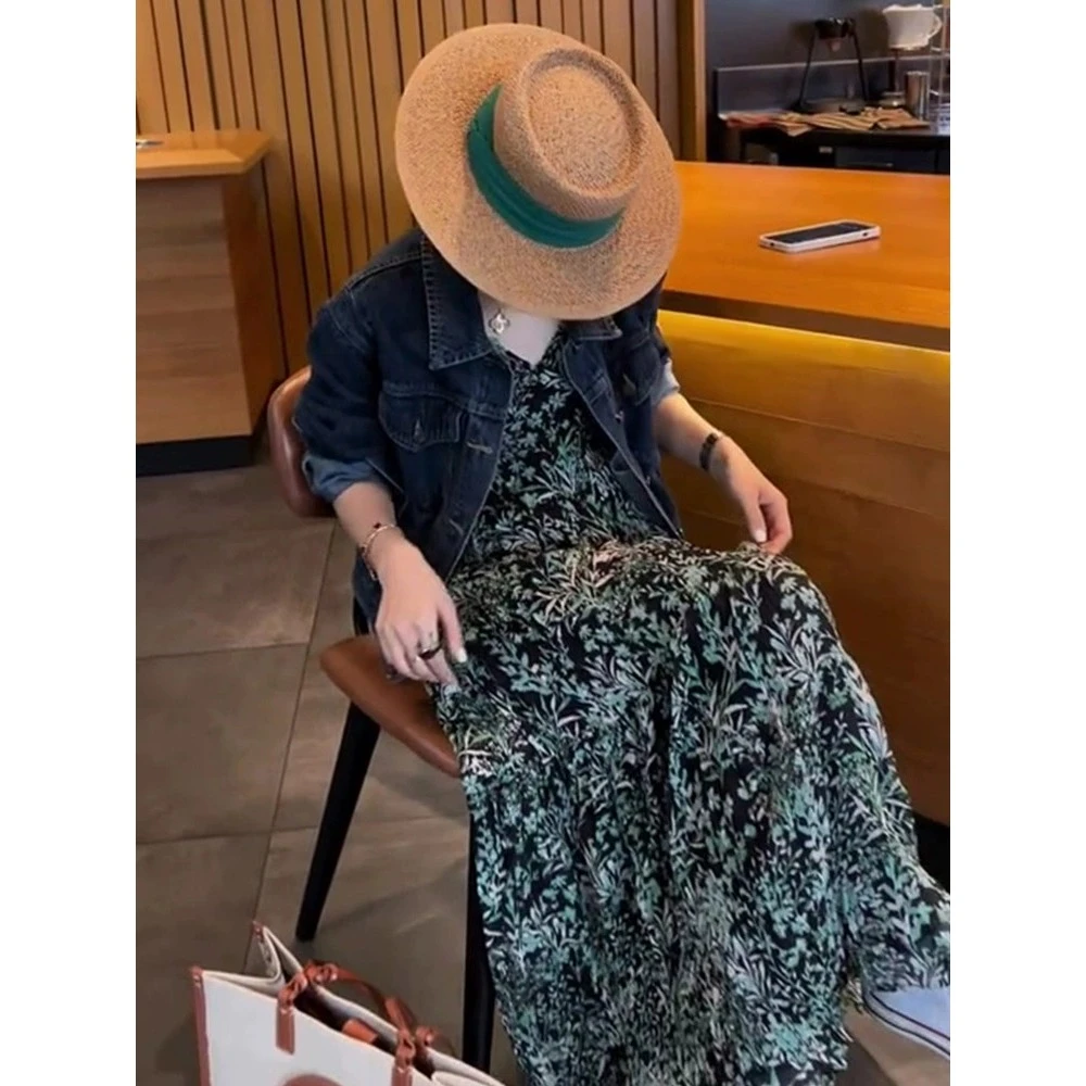 秋季一整套茶系名媛炸街牛仔气质网红女神范碎花连衣裙子两件套装