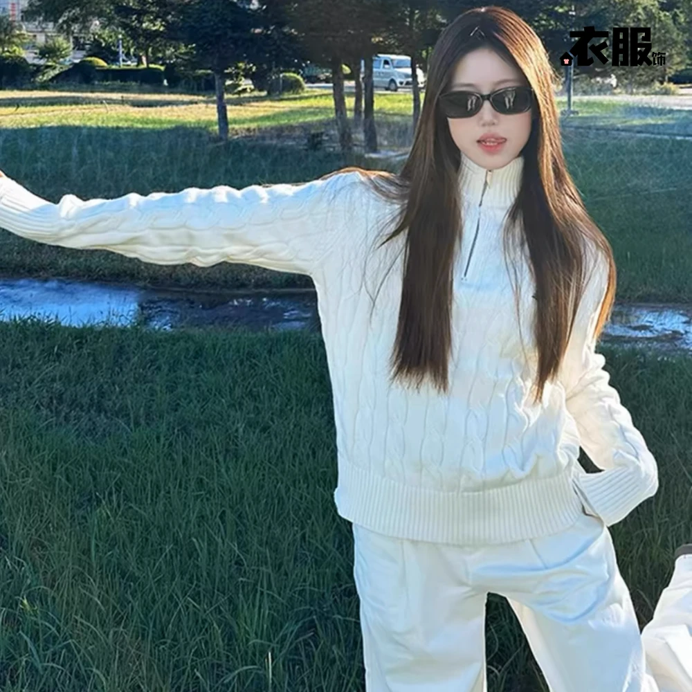 JYFS美式复古白色松弛感半拉链高领毛衣女秋冬新款慵懒风宽松外套