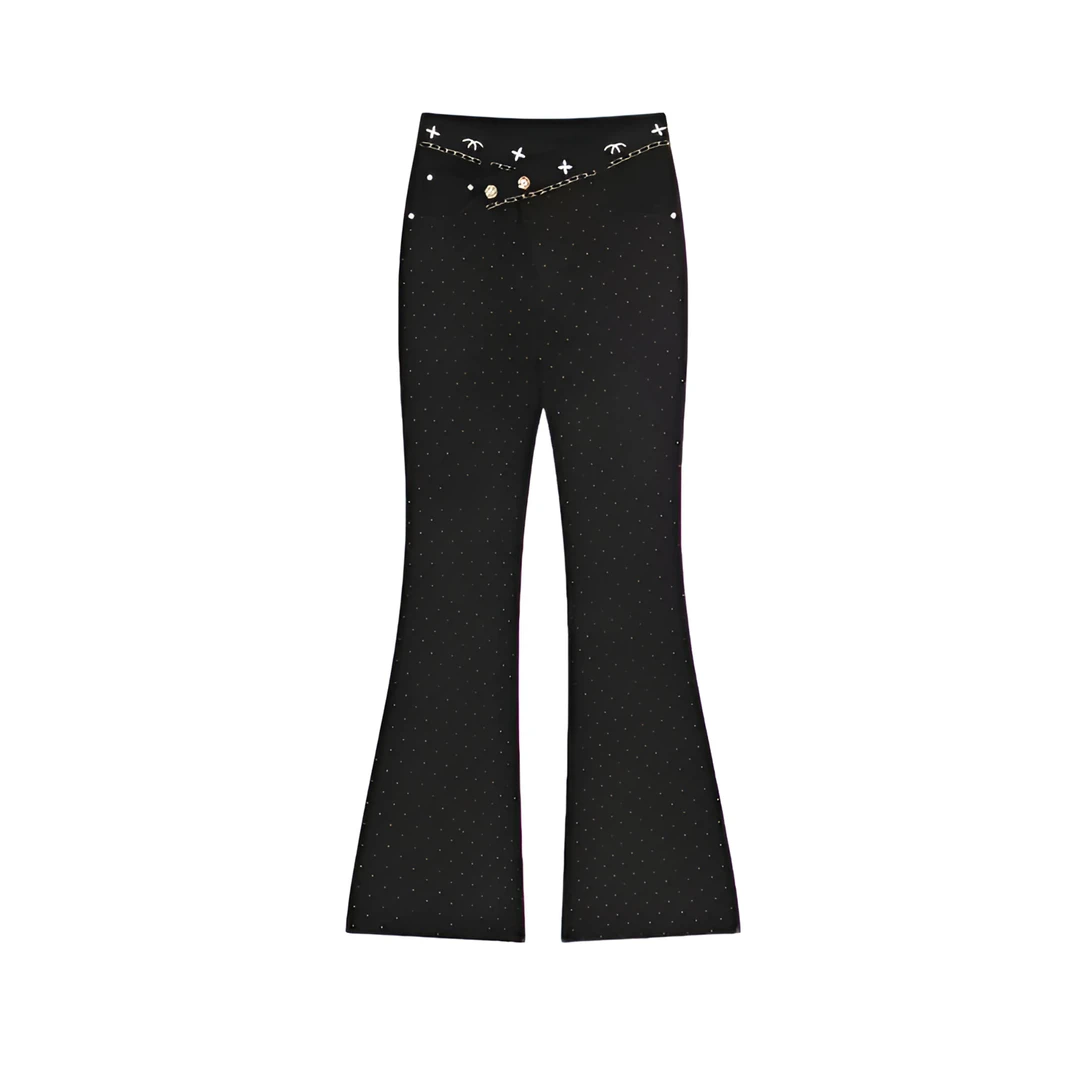 新款美式高腰显瘦烫钻重工设计感喇叭裤红人上新