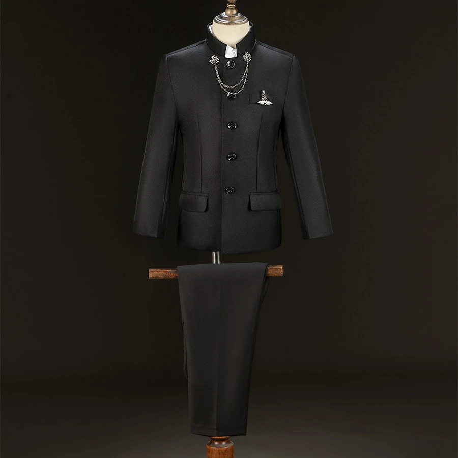 儿童礼服男童黑色中山装西服套装民国风学生装中华立领国潮演出服
