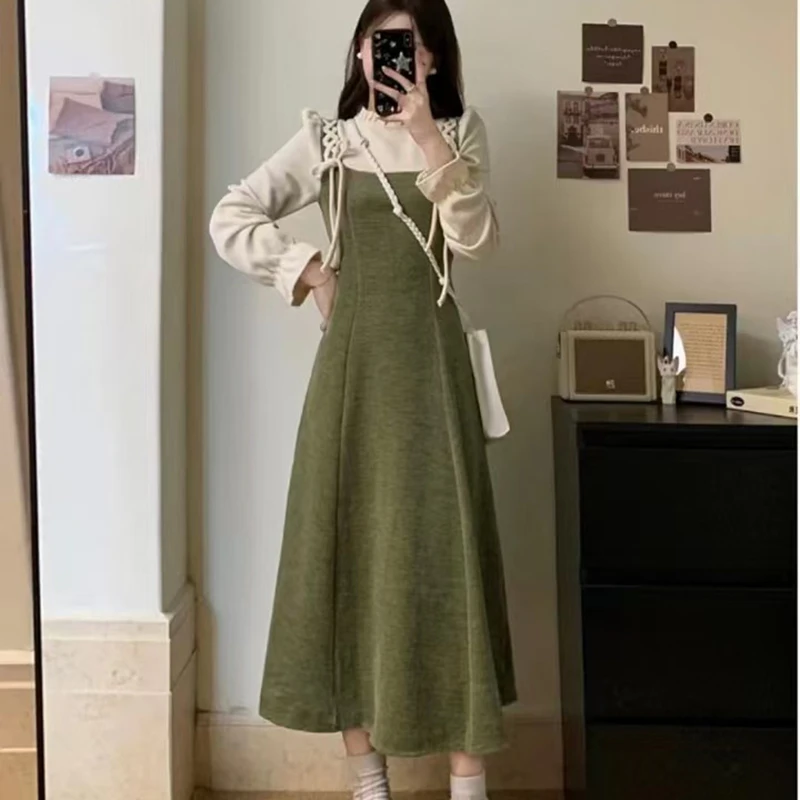 大码胖mm韩系温柔绿色假两件木耳边气质显瘦系带长裙连衣裙1306