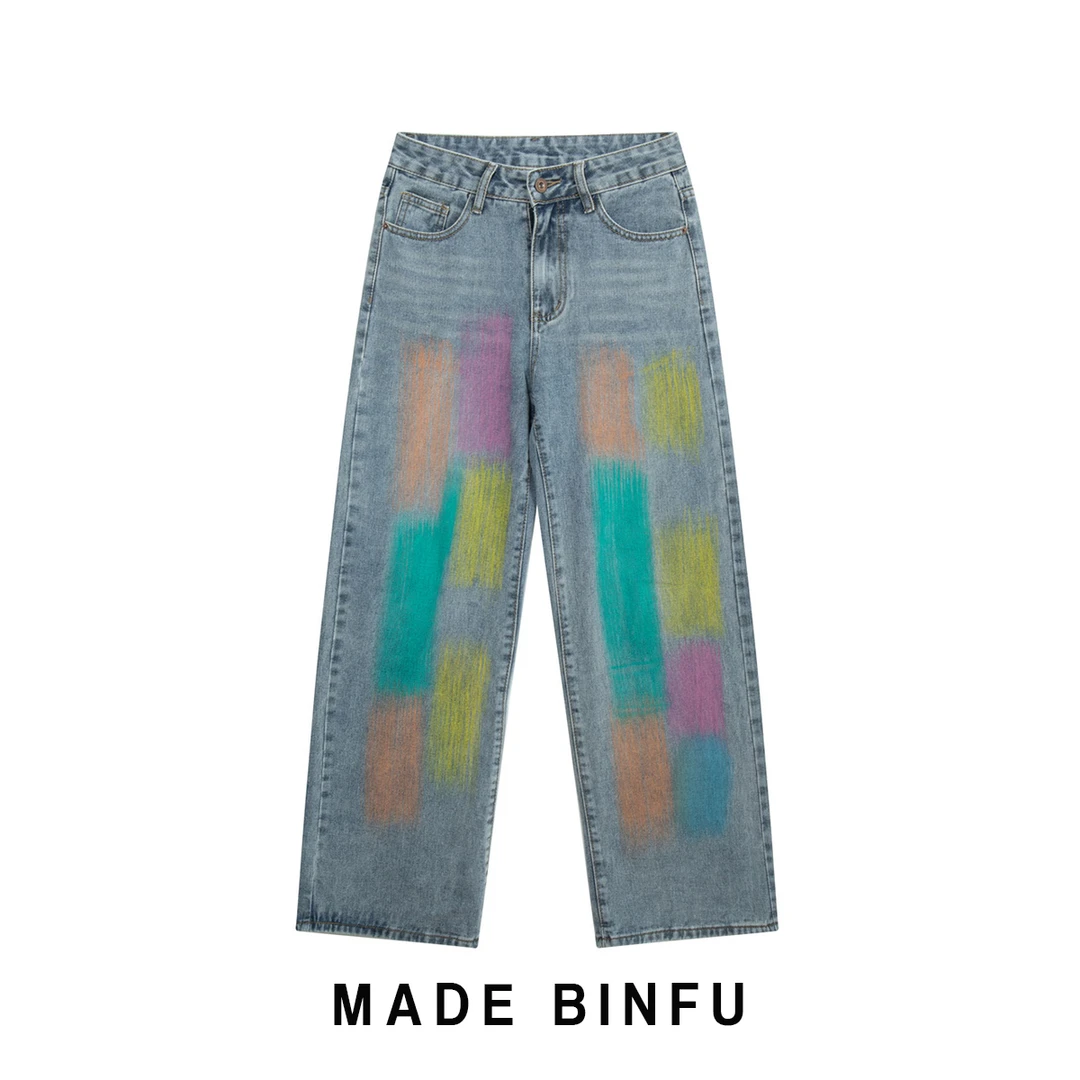 BINFU崽崽 美式ins潮潮流牛仔裤直筒复古风涂鸦浅蓝色牛仔长裤子