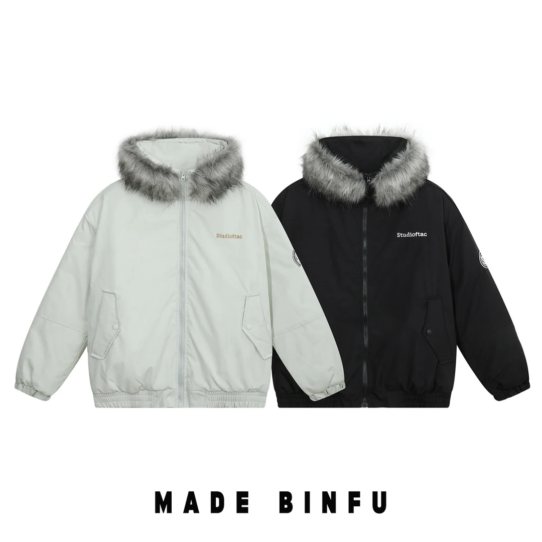 冬装情侣装男女同款可拆卸毛领美式复古风保暖派克服连帽棉衣外套