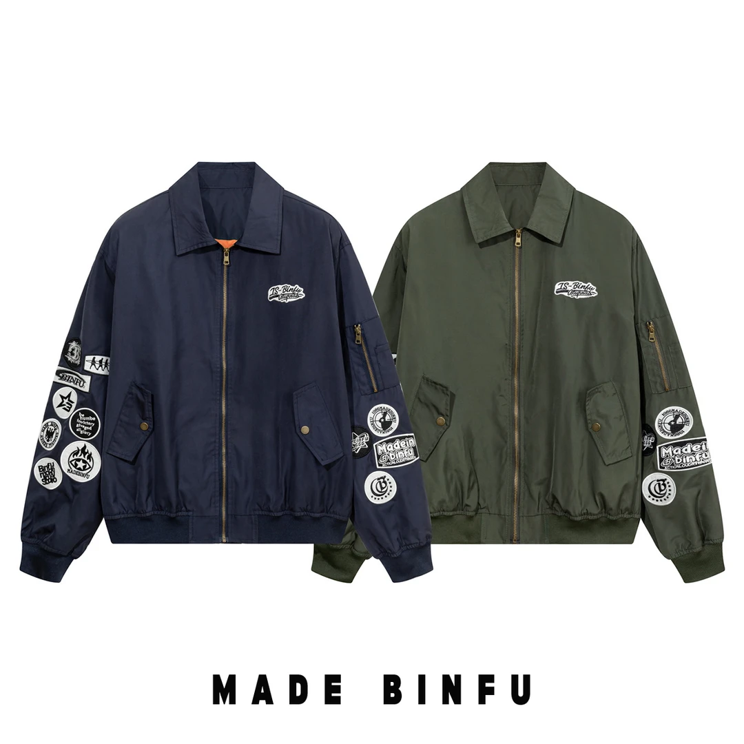BINFU 2024年秋装新款男女同款宽松多徽章刺绣美式飞行服夹克外套