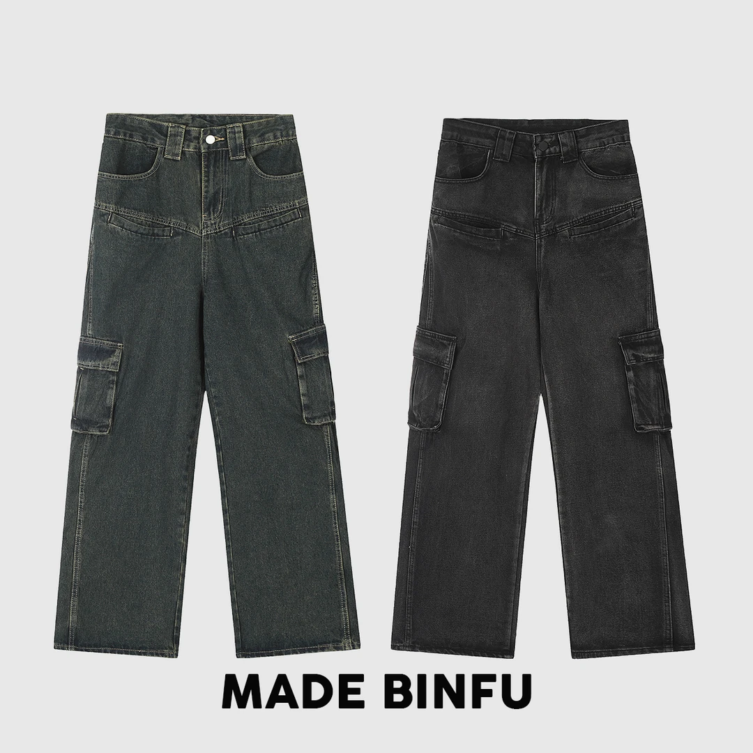 BINFU 2024新款 美式街头宽松阔腿裤男女同款ins潮流 牛仔裤